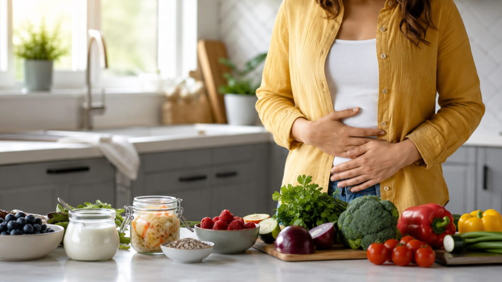 Woman holding her stomach in discomfort in a kitchen surrounded by gut-healthy foods like yoghurt, sauerkraut, berries, and vegetables