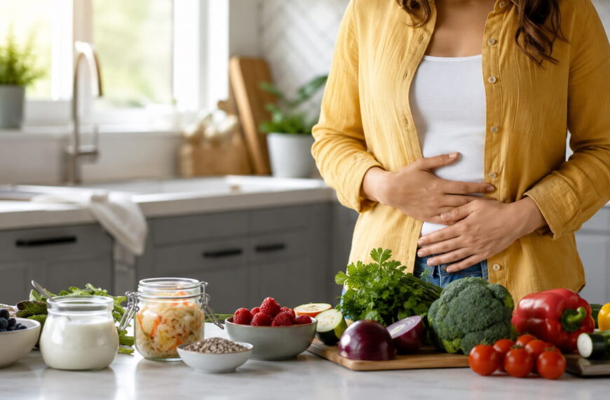 Woman holding her stomach in discomfort in a kitchen surrounded by gut-healthy foods like yoghurt, sauerkraut, berries, and vegetables