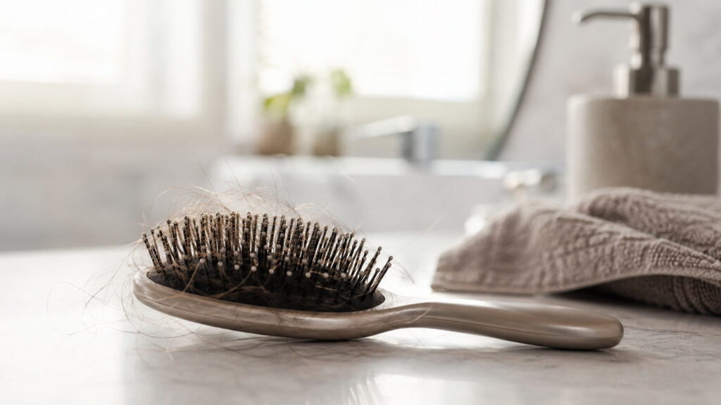 Hairbrush with loose strands of shed hair on a bathroom counter, a common sign of hair loss from weight loss drugs like Ozempic and Wegovy