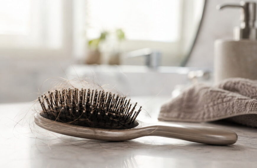 Hairbrush with loose strands of shed hair on a bathroom counter, a common sign of hair loss from weight loss drugs like Ozempic and Wegovy