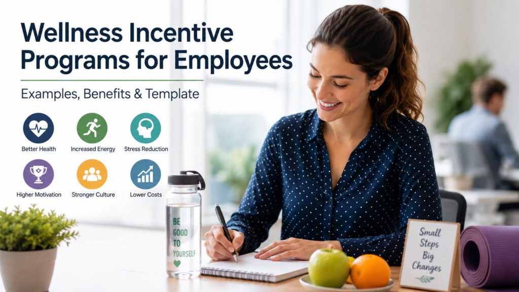 Employees participating in a workplace wellness incentive program with healthy snacks, fitness equipment, and wellness planning in a modern office.