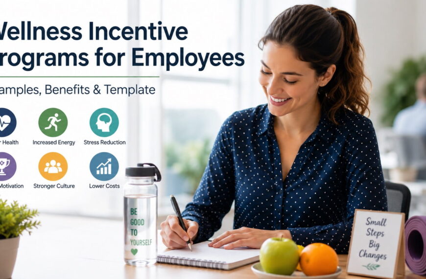 Employees participating in a workplace wellness incentive program with healthy snacks, fitness equipment, and wellness planning in a modern office.