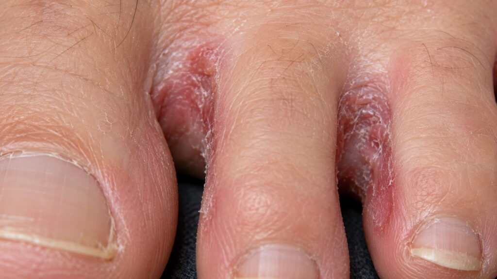 Athlete's foot showing peeling skin between the toes