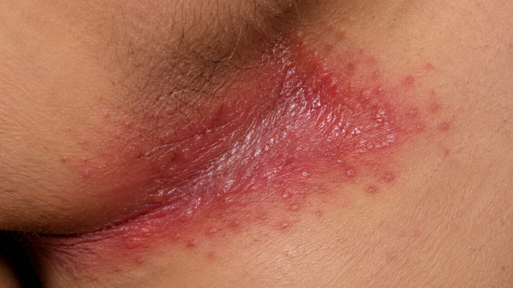 Candidiasis showing red, moist patches in a skin fold
