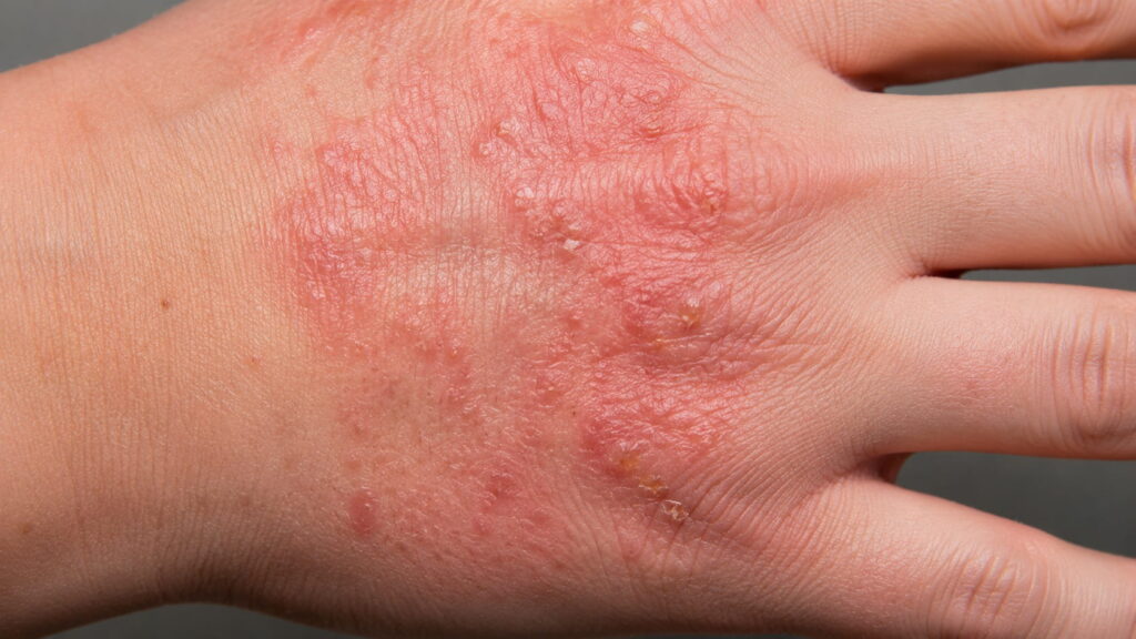 Contact dermatitis on the hand — showing red, irritated skin after exposure to an allergen