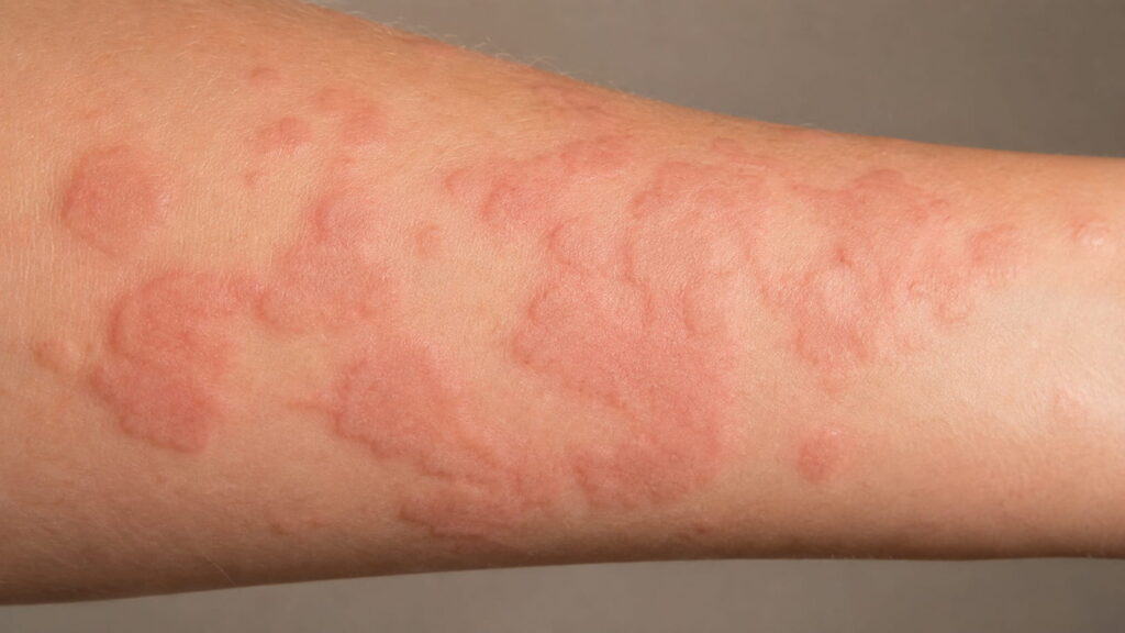Hives showing raised, itchy welts on the skin