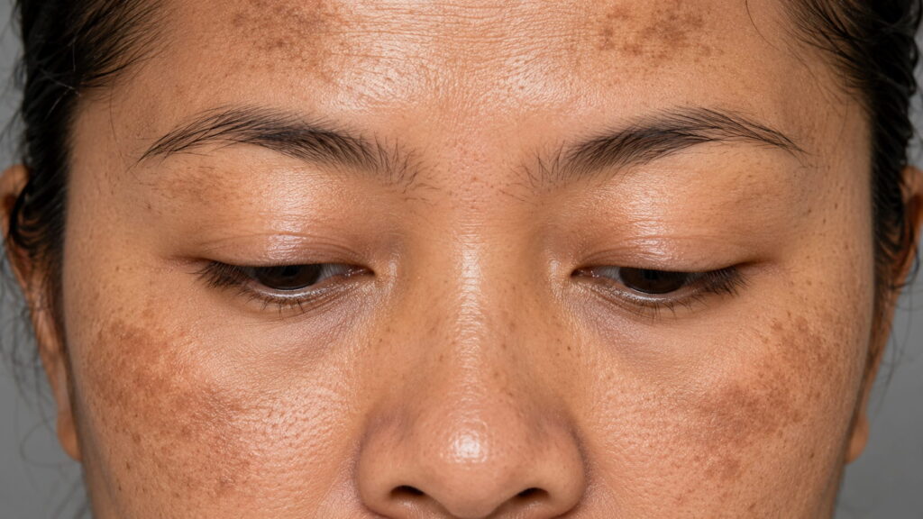 Melasma on the face — showing symmetrical brown patches on the cheeks and forehead