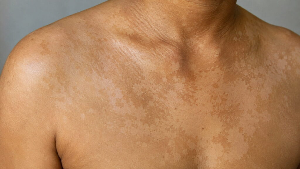 Tinea versicolor showing discolored patches on the back