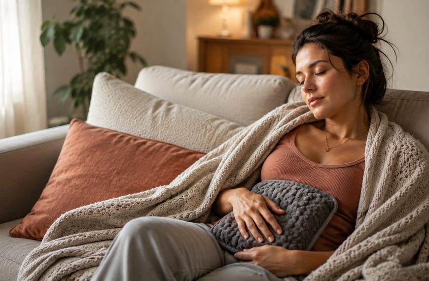 Woman resting on a couch at home wrapped in a blanket, holding a heating pad to her abdomen for cramping relief