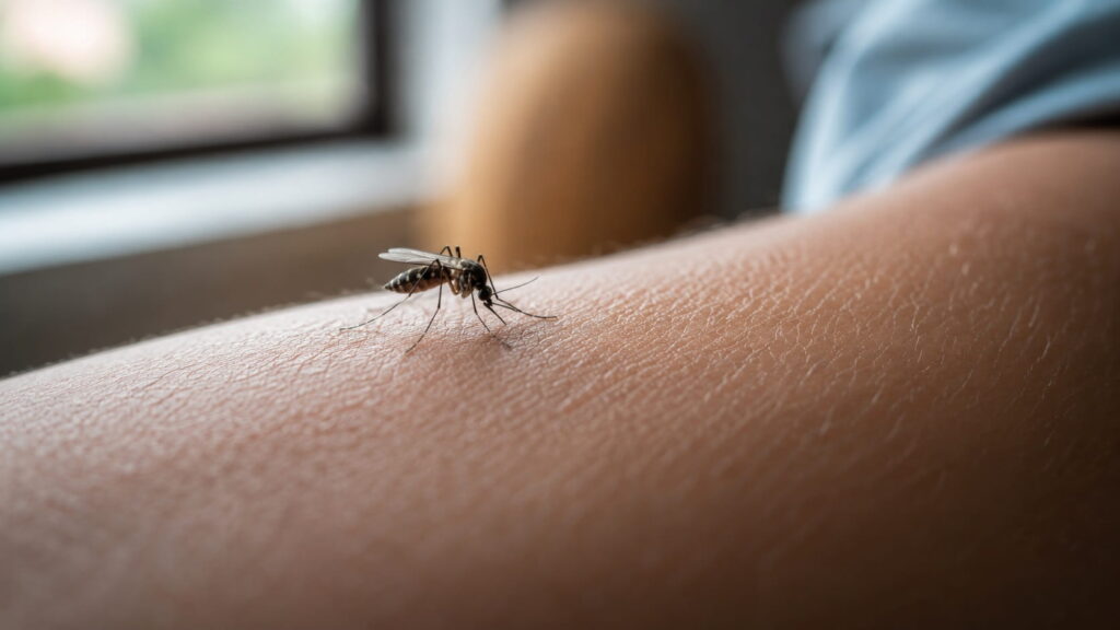 Close-up of an Aedes mosquito biting human skin, the primary way breakbone fever (dengue fever) spreads between people