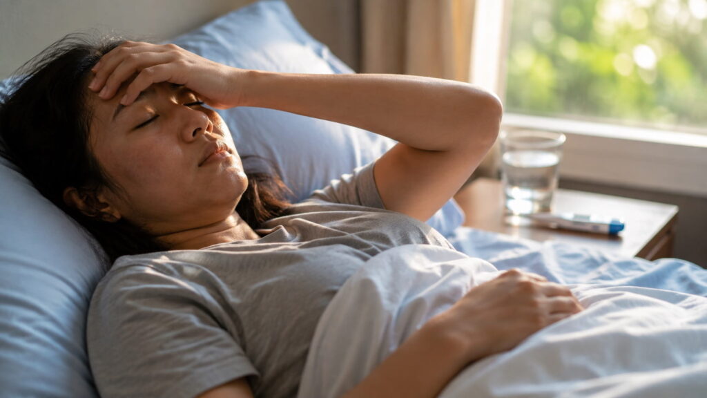 Woman resting in bed with a hand on her forehead, experiencing high fever and fatigue, common early symptoms of breakbone fever (dengue fever)