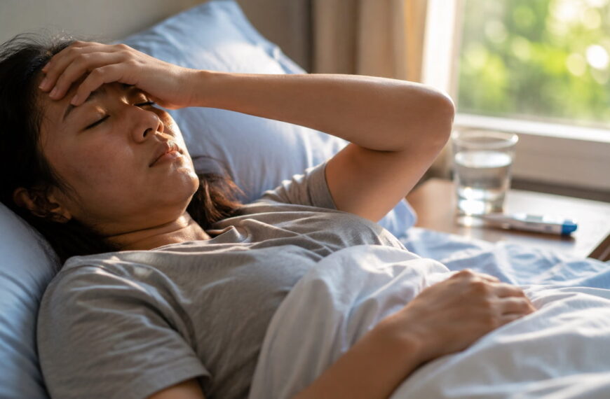 Woman resting in bed with a hand on her forehead, experiencing high fever and fatigue, common early symptoms of breakbone fever (dengue fever)