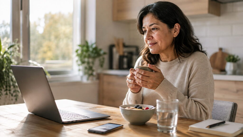 Woman with type 2 diabetes having an online health coaching session from home while tracking blood sugar and healthy lifestyle habits.