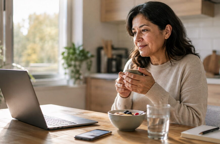 Woman with type 2 diabetes having an online health coaching session from home while tracking blood sugar and healthy lifestyle habits.