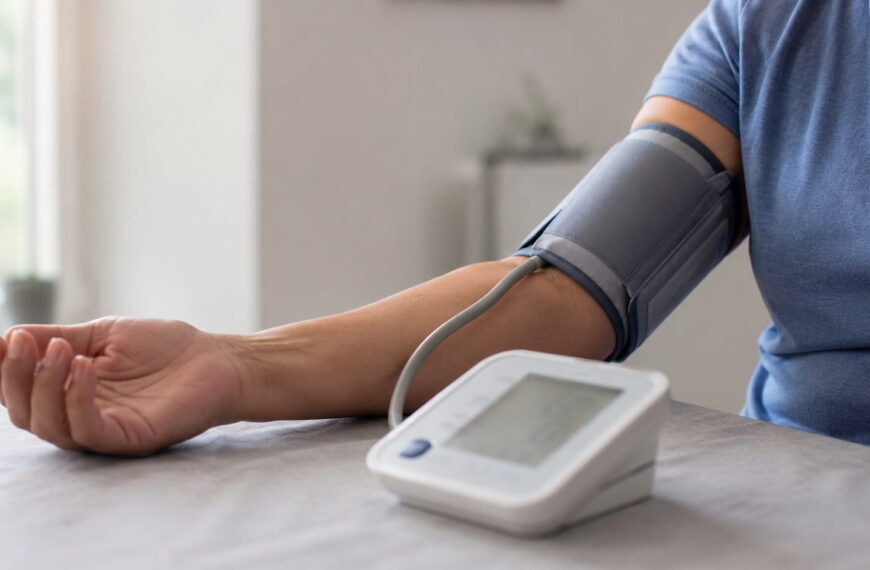 Person checking blood pressure at home with a digital monitor cuff on their upper arm, relevant to cortisol and hypertension
