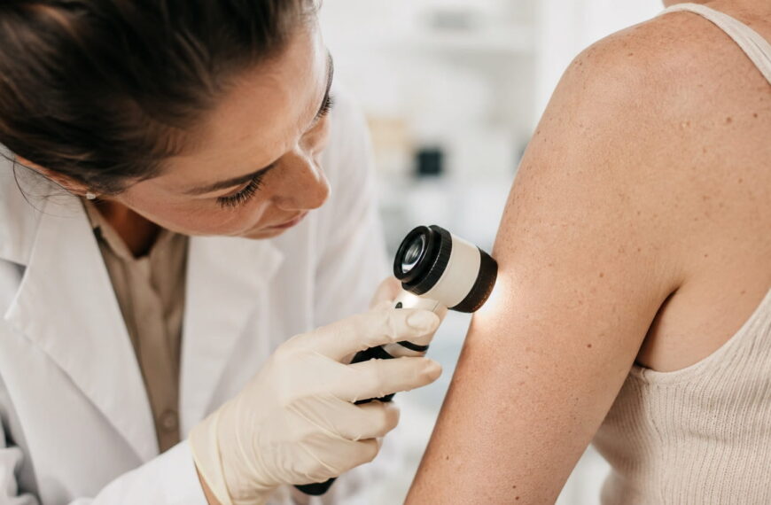 Dermatologist using a dermatoscope to examine a patient's skin on the shoulder during a skin health consultation