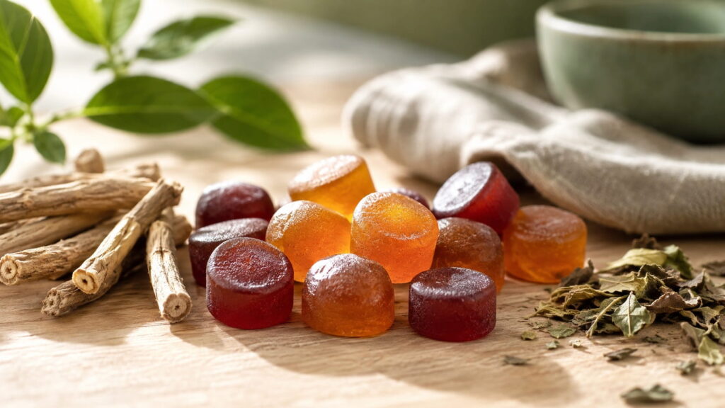 Ashwagandha root and gummy supplements on wooden table, showing natural ingredients behind Goli Ashwagandha benefits