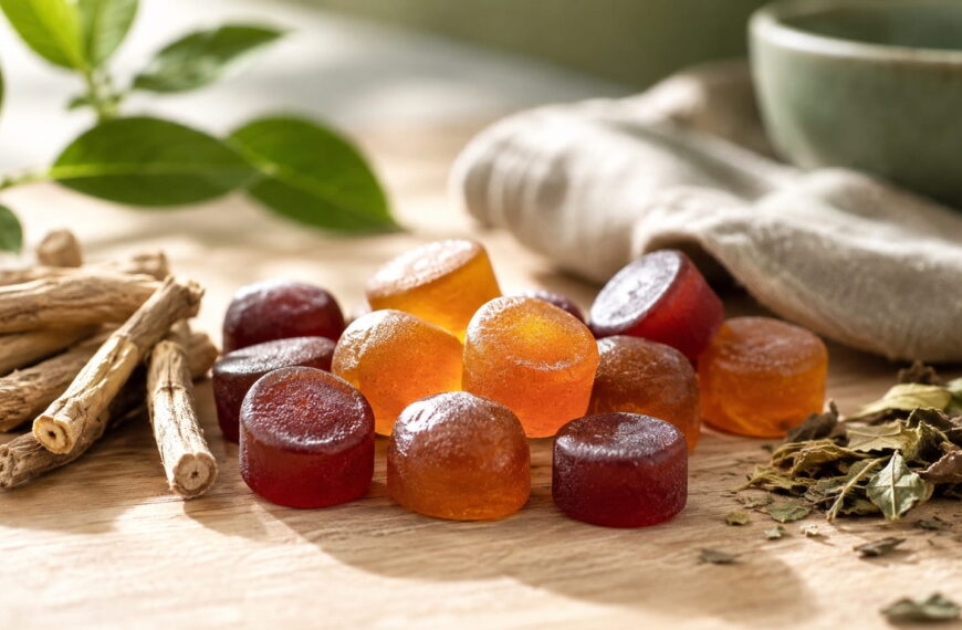 Ashwagandha root and gummy supplements on wooden table, showing natural ingredients behind Goli Ashwagandha benefits