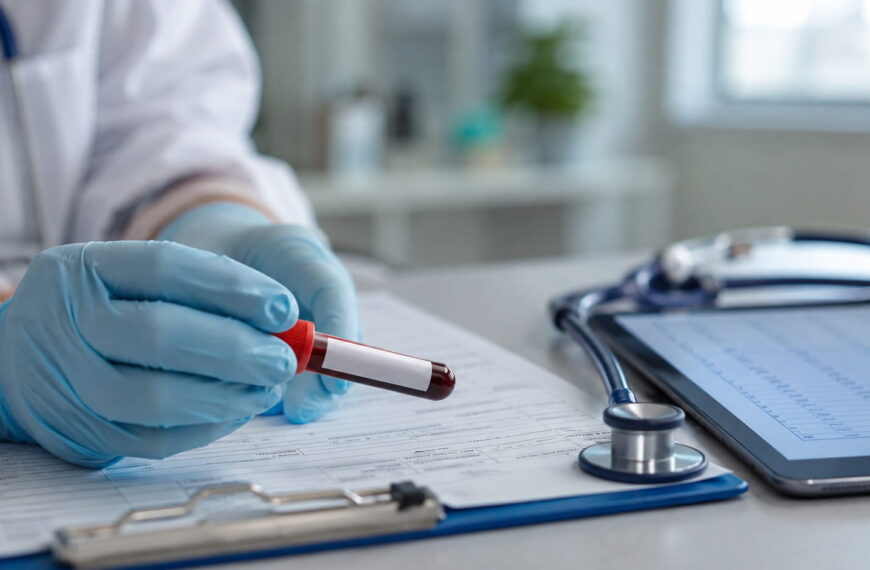 Doctor holding a blood sample vial used to test uric acid levels and diagnose hyperuricemia