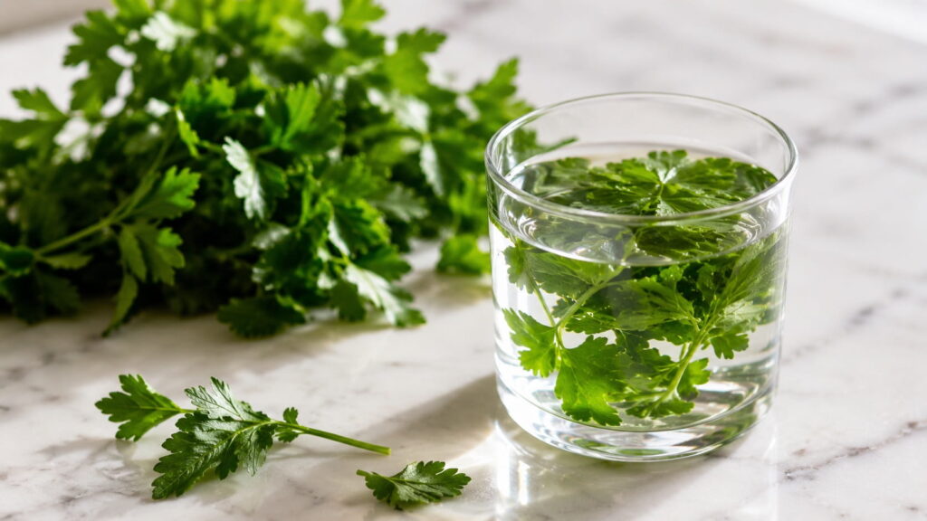 Fresh parsley sprigs and a glass of parsley water on a marble countertop