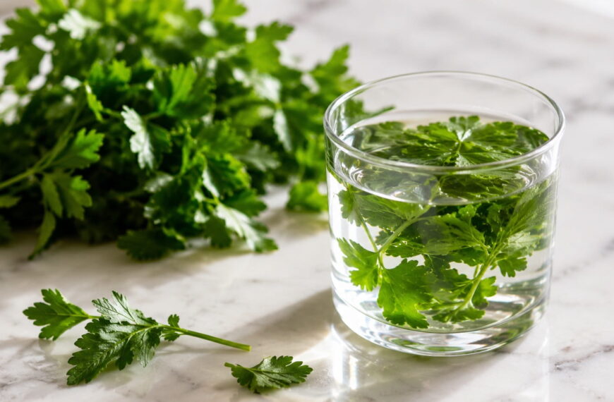 Fresh parsley sprigs and a glass of parsley water on a marble countertop