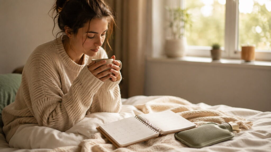 Woman relaxing on a bed with a warm cup of tea and an open planner, tracking her menstrual cycle