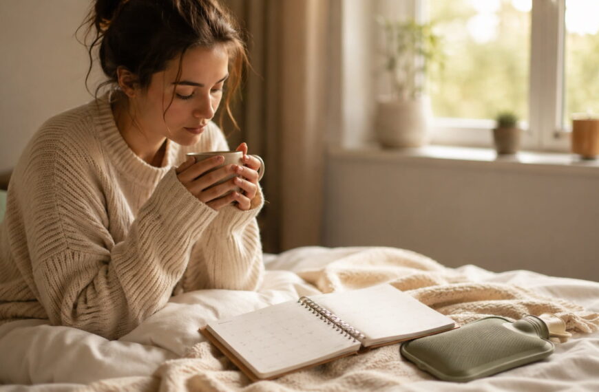 Woman relaxing on a bed with a warm cup of tea and an open planner, tracking her menstrual cycle