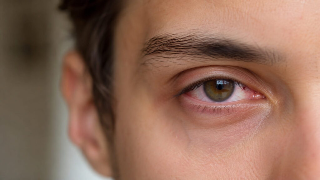 Close-up of a man's red, bloodshot eye showing mild irritation and dryness