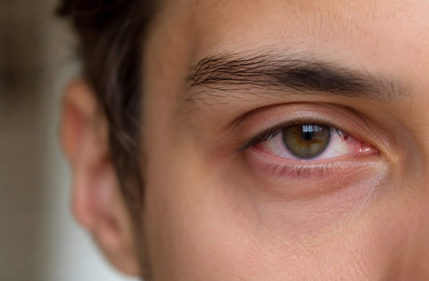 Close-up of a man's red, bloodshot eye showing mild irritation and dryness