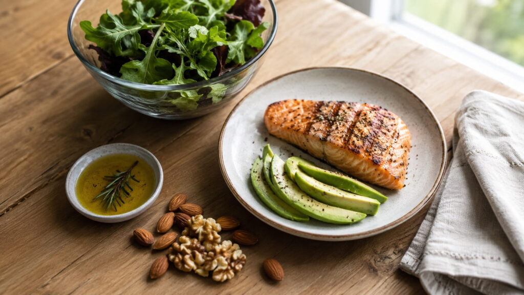 Heart-healthy foods that help increase HDL cholesterol, including grilled salmon, avocado, olive oil, mixed greens, almonds, and walnuts on a wooden table