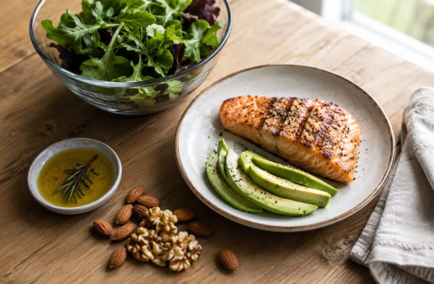 Heart-healthy foods that help increase HDL cholesterol, including grilled salmon, avocado, olive oil, mixed greens, almonds, and walnuts on a wooden table