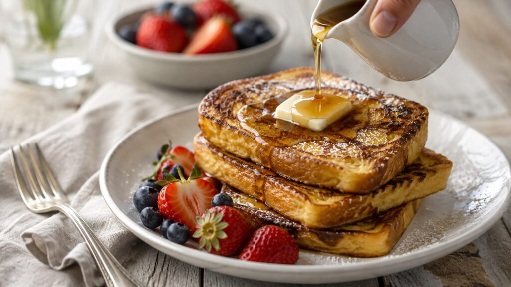 Golden French toast stack topped with melting butter and maple syrup, served with fresh strawberries and blueberries