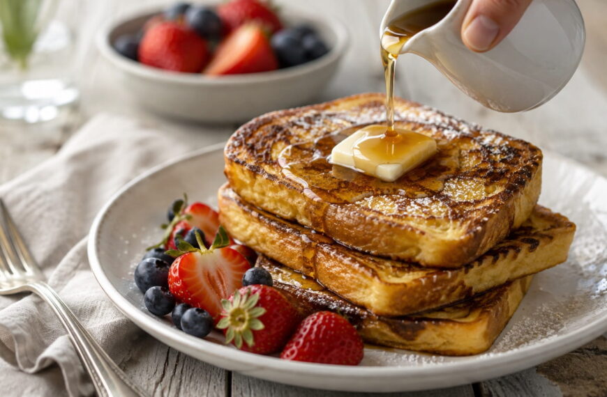 Golden French toast stack topped with melting butter and maple syrup, served with fresh strawberries and blueberries