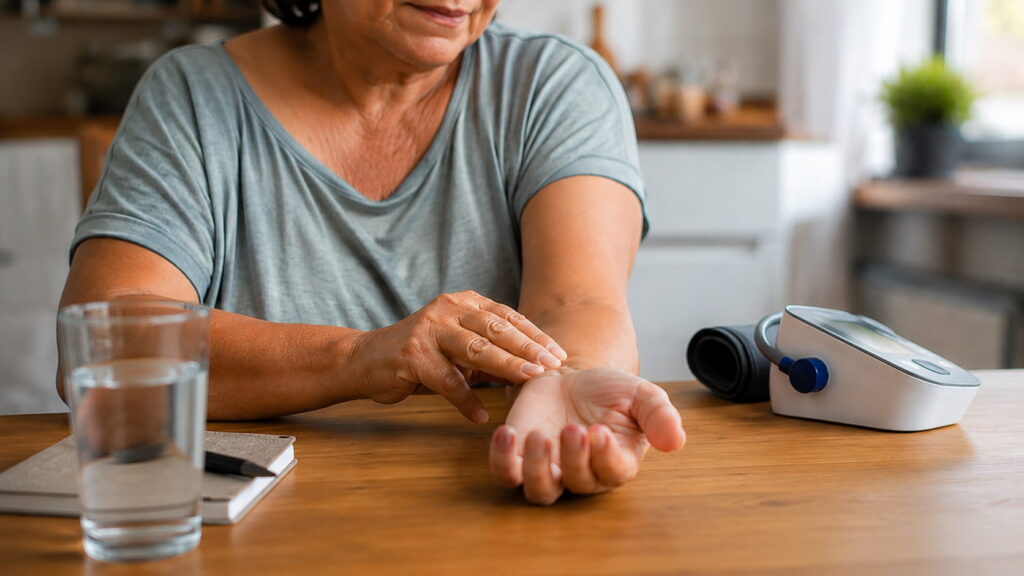 Middle-aged person checking their wrist pulse at a kitchen table with an unused digital blood pressure monitor nearby in a bright home setting.