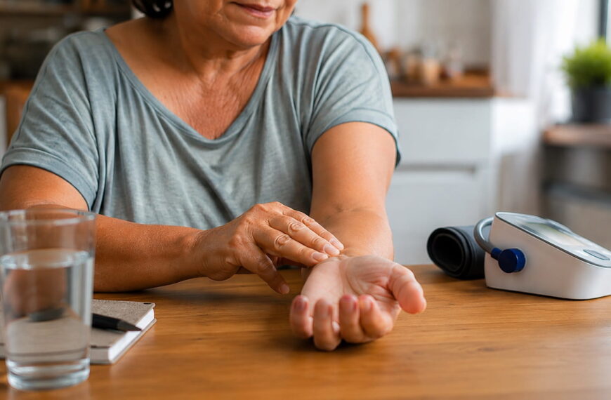 Middle-aged person checking their wrist pulse at a kitchen table with an unused digital blood pressure monitor nearby in a bright home setting.