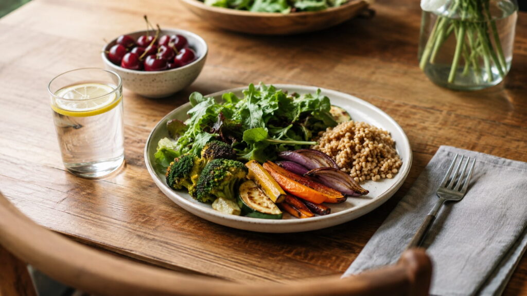 Low-purine plate with roasted vegetables, whole grains, cherries and lemon water for reducing uric acid