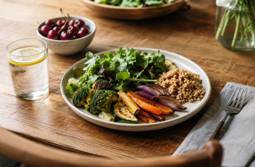 Low-purine plate with roasted vegetables, whole grains, cherries and lemon water for reducing uric acid