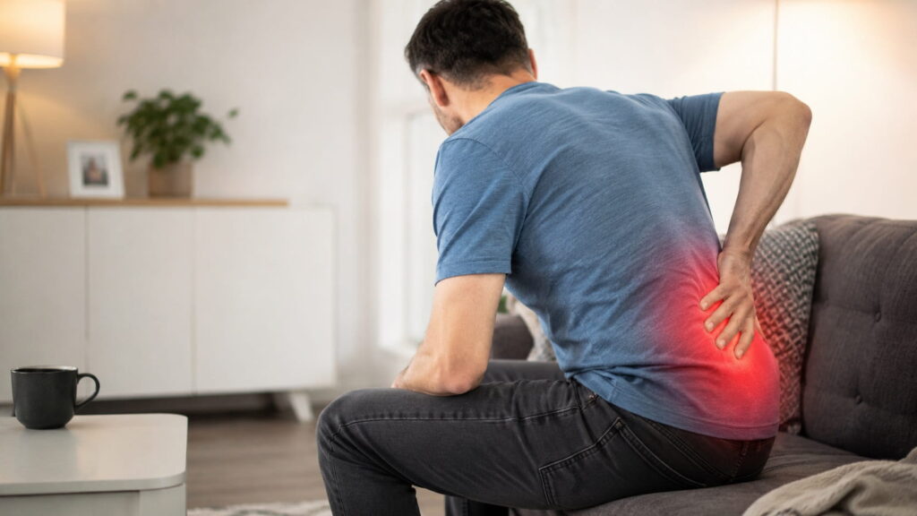 Man experiencing sciatic nerve pain while sitting on a sofa, holding his lower back with pain radiating through the hip in a modern home.