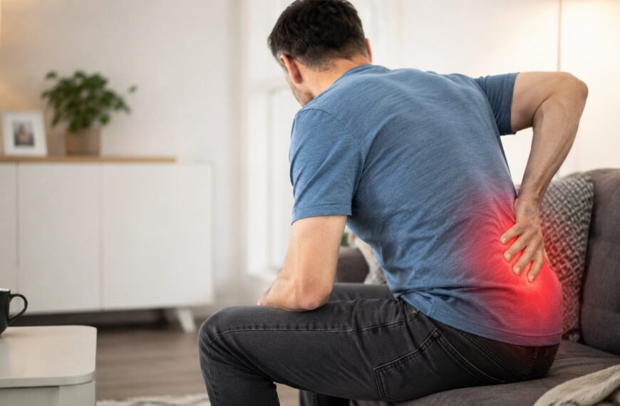 Man experiencing sciatic nerve pain while sitting on a sofa, holding his lower back with pain radiating through the hip in a modern home.