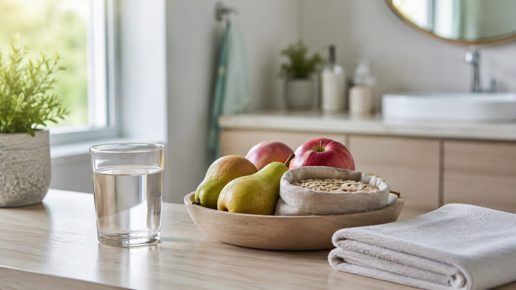 Glass of water, fresh fruit, oats, and a towel on a bathroom counter, representing fiber and hydration habits that help manage internal hemorrhoids