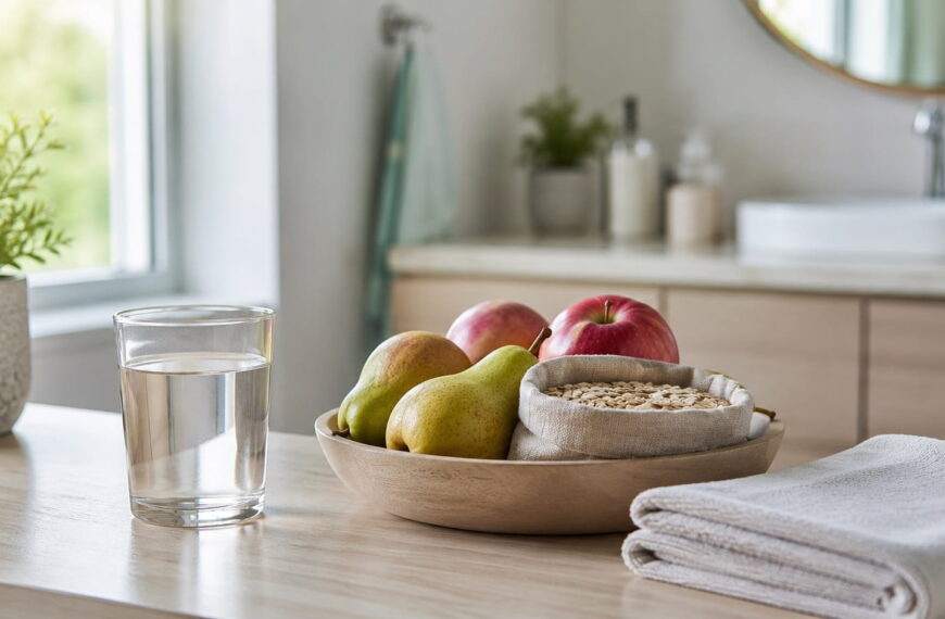 Glass of water, fresh fruit, oats, and a towel on a bathroom counter, representing fiber and hydration habits that help manage internal hemorrhoids