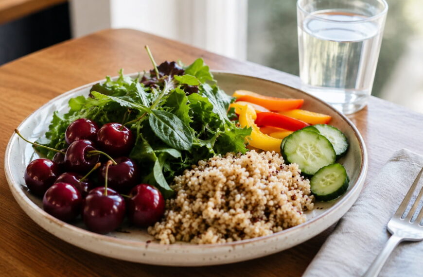 Low-purine, gout-friendly foods including vegetables, cherries, whole grains and legumes