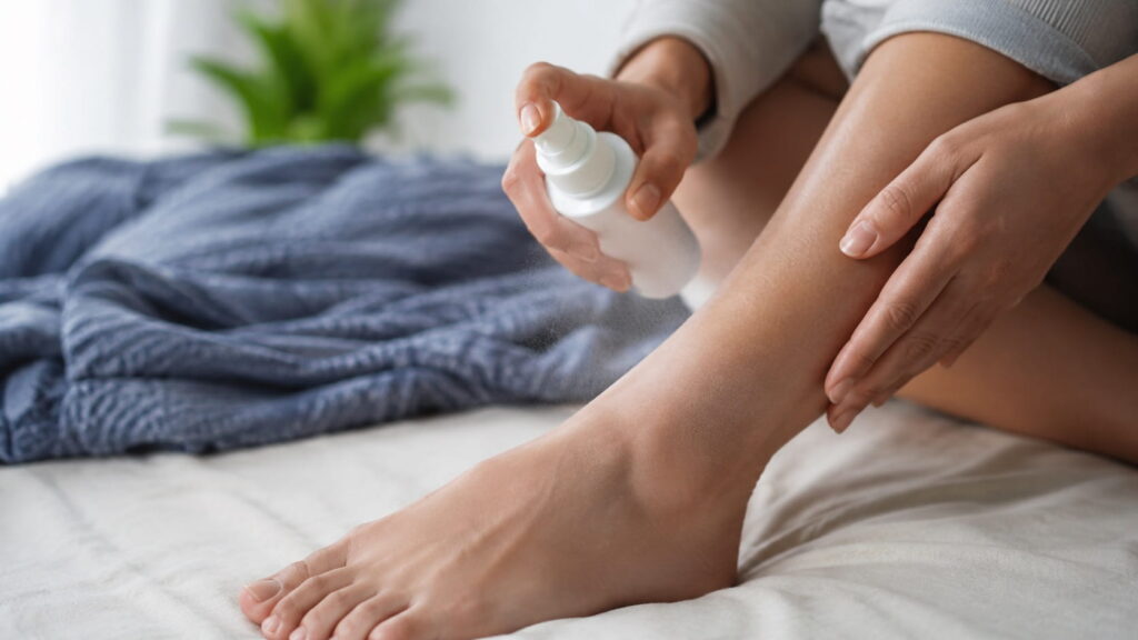 Adult applying magnesium spray to the lower leg before bedtime to support muscle relaxation, sleep, and recovery.
