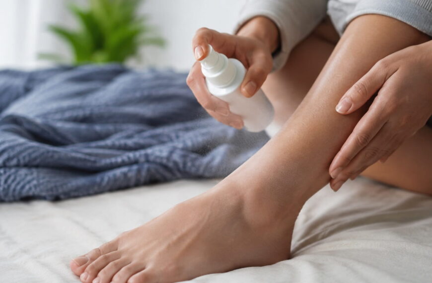 Adult applying magnesium spray to the lower leg before bedtime to support muscle relaxation, sleep, and recovery.