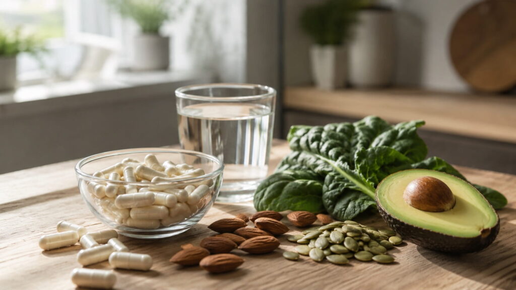 Magnesium glycinate capsules in a glass bowl surrounded by almonds, pumpkin seeds, avocado, and leafy greens on a wooden table