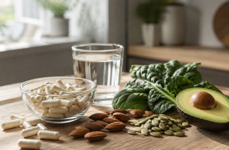 Magnesium glycinate capsules in a glass bowl surrounded by almonds, pumpkin seeds, avocado, and leafy greens on a wooden table