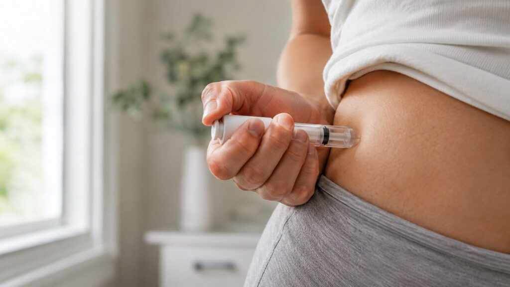 Person self-administering a weekly GLP-1 injection like Mounjaro into the abdomen, illustrating the risks and side effects patients should discuss with their doctor