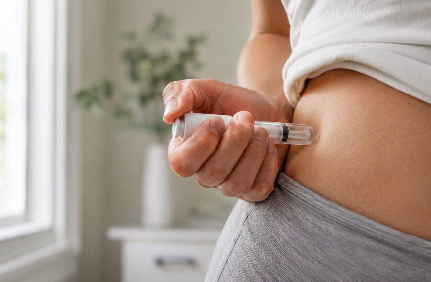Person self-administering a weekly GLP-1 injection like Mounjaro into the abdomen, illustrating the risks and side effects patients should discuss with their doctor