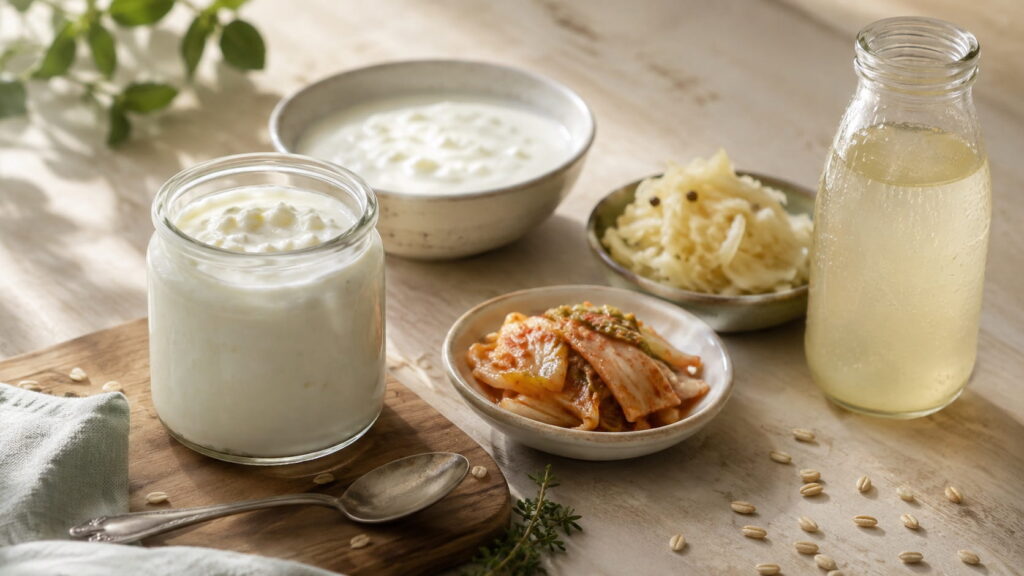 Probiotic foods for gut health including yogurt, kefir, kimchi, sauerkraut, and a fermented drink on a wooden board