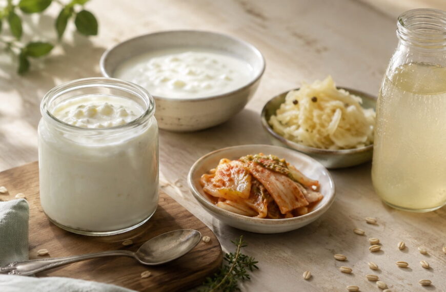 Probiotic foods for gut health including yogurt, kefir, kimchi, sauerkraut, and a fermented drink on a wooden board